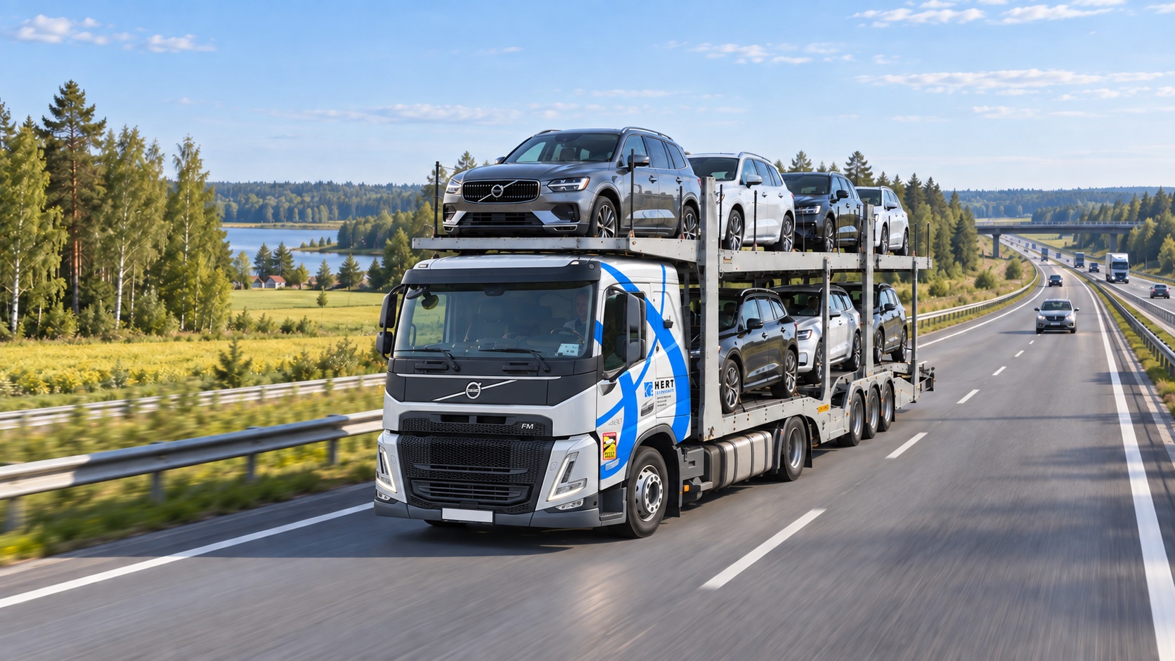 Hert car transporter travelling on a motorway through Baltic countryside