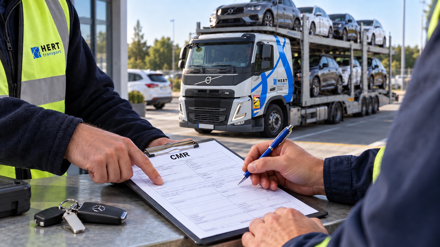 Logistikaspetsialistid CMR dokumente üle vaatamas Hert autoveo kõrval
